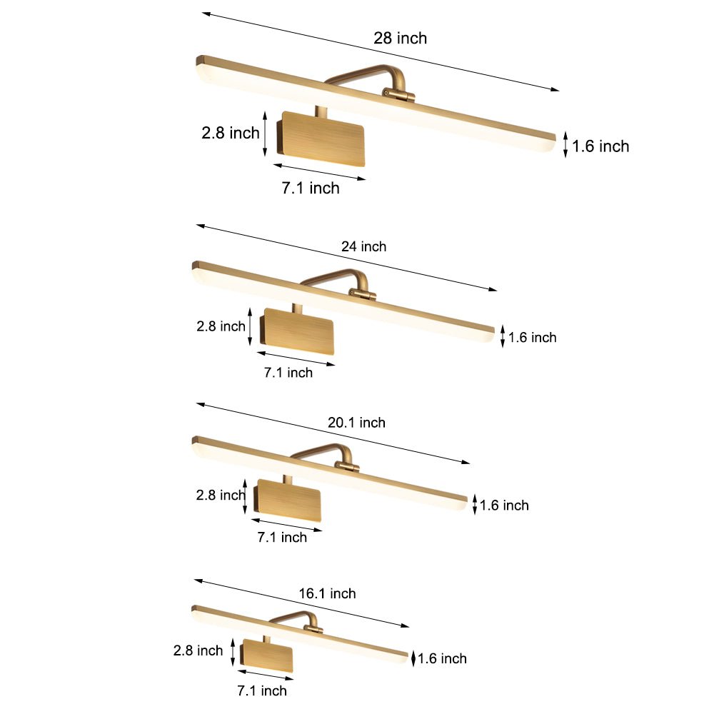 Linear Brass Bathroom Vanity Light Bar — Acrylic Shade, Curved Rod Arm, LED, Hardwired