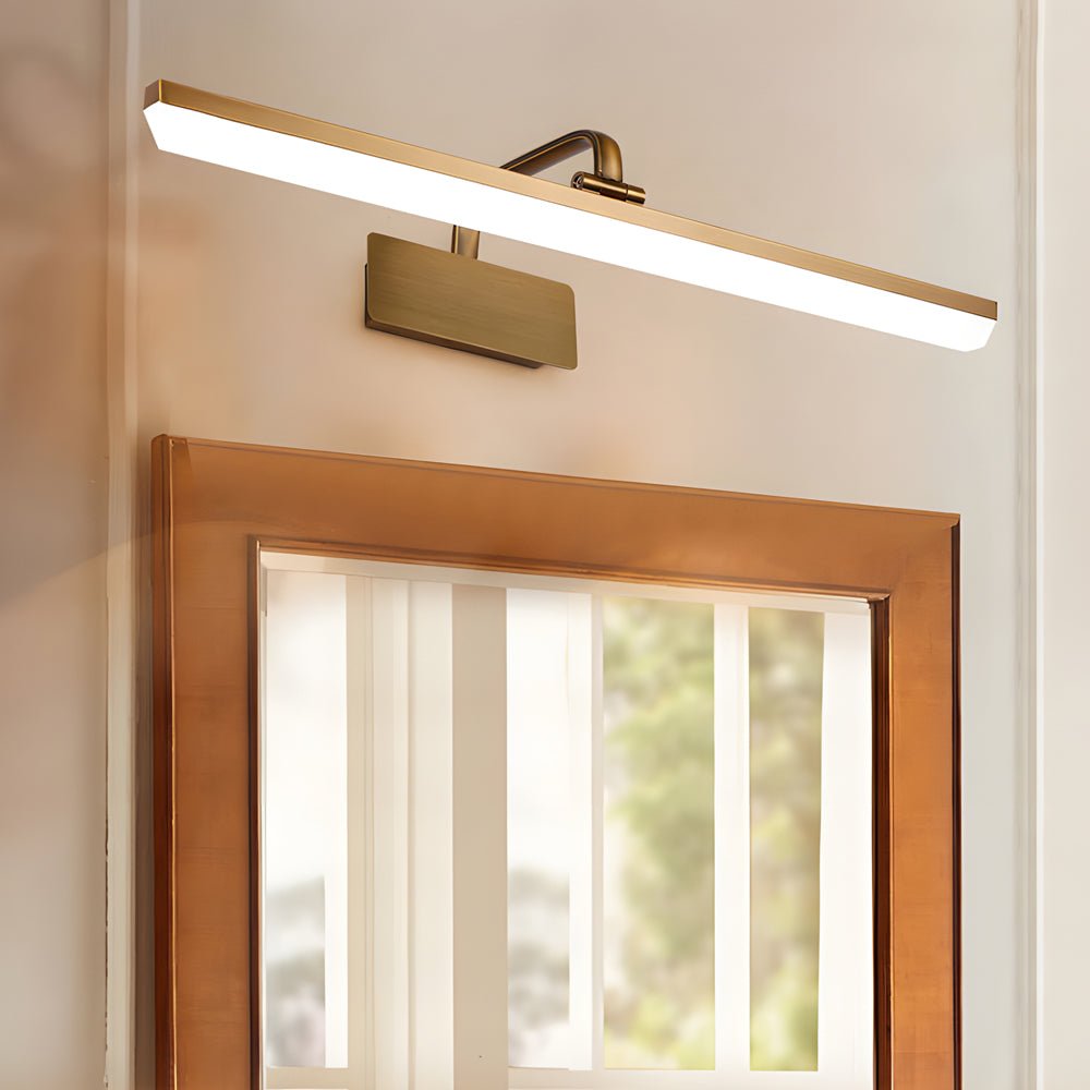 Linear Brass Bathroom Vanity Light Bar — Acrylic Shade, Curved Rod Arm, LED, Hardwired