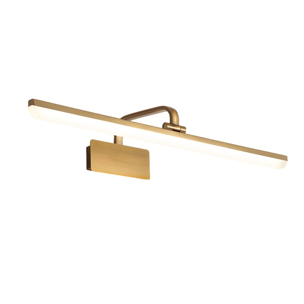 Linear Brass Bathroom Vanity Light Bar — Acrylic Shade, Curved Rod Arm, LED, Hardwired