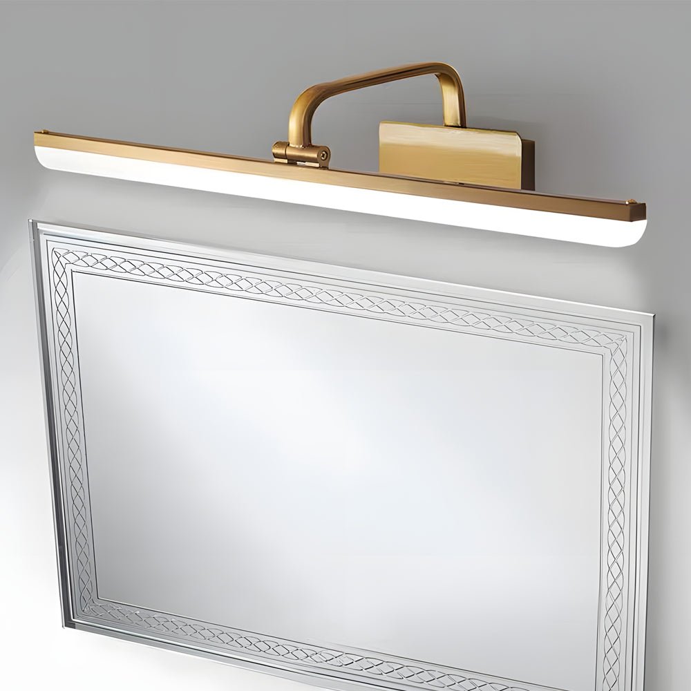 Linear Brass Bathroom Vanity Light Bar — Acrylic Shade, Curved Rod Arm, LED, Hardwired