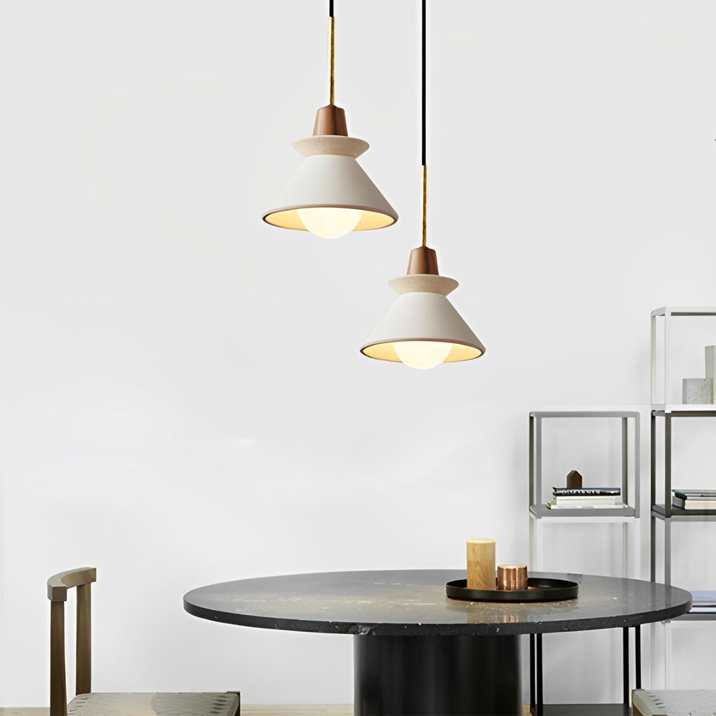 Cone Mini Pendant — White Cement with Wood Grain, E27 LED, 4000K, 9.25" Diameter