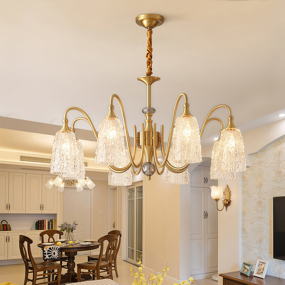 Ornate Vintage Brass Chandelier — Solid Brass and Glass, 5/6/8-Light, Three-Color Dimming (3000K/4500K/6000K), Adjustable Length