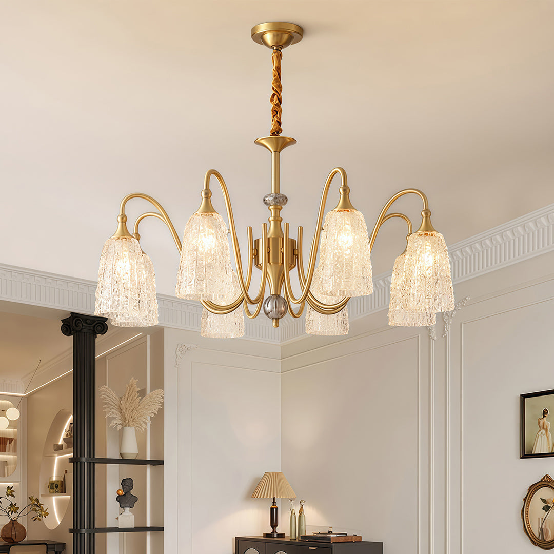 Ornate Vintage Brass Chandelier — Solid Brass and Glass, 5/6/8-Light, Three-Color Dimming (3000K/4500K/6000K), Adjustable Length