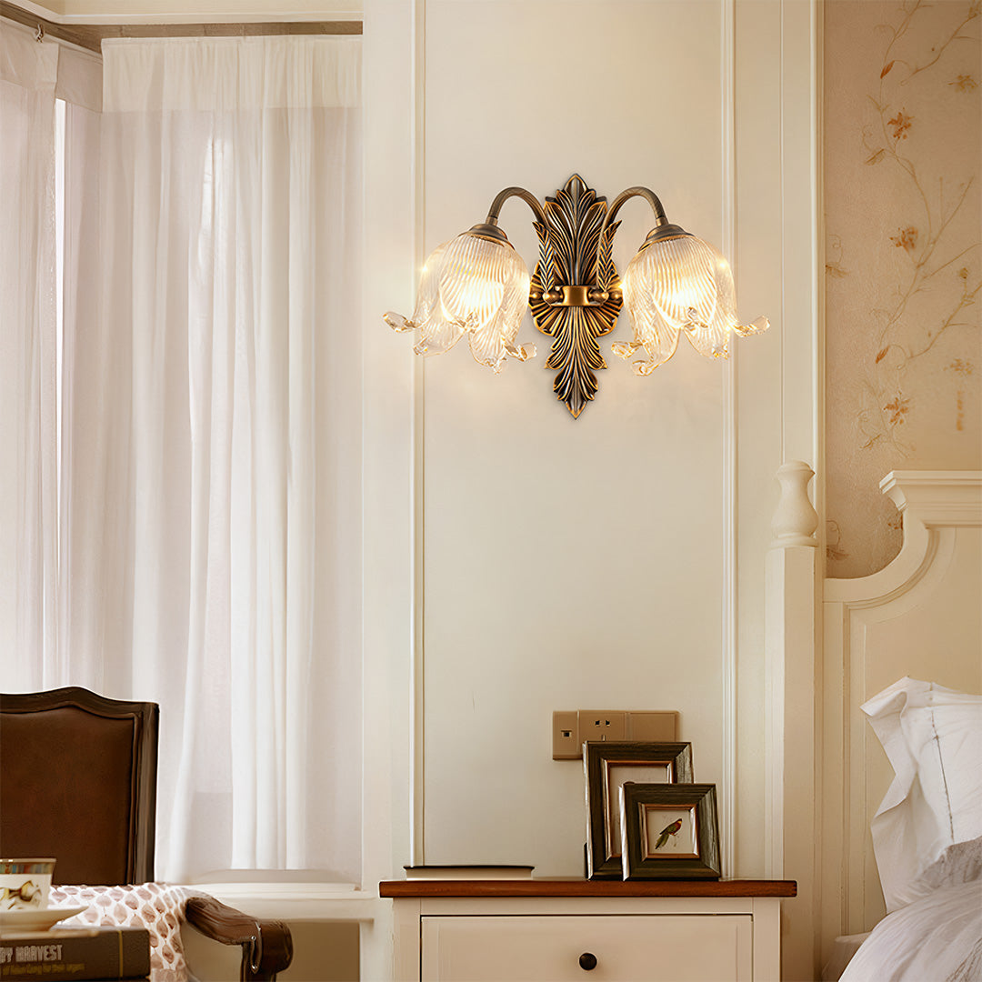 Petal Glass Shade Brass Wall Sconce — Solid Copper, Hand-Blown Glass, E14 Full-Spectrum, CRI≥97, Single or Double Head
