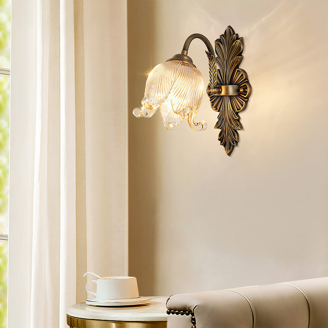 Petal Glass Shade Brass Wall Sconce — Solid Copper, Hand-Blown Glass, E14 Full-Spectrum, CRI≥97, Single or Double Head