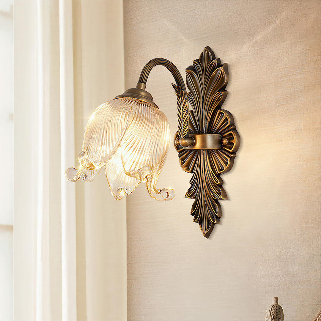 Petal Glass Shade Brass Wall Sconce — Solid Copper, Hand-Blown Glass, E14 Full-Spectrum, CRI≥97, Single or Double Head