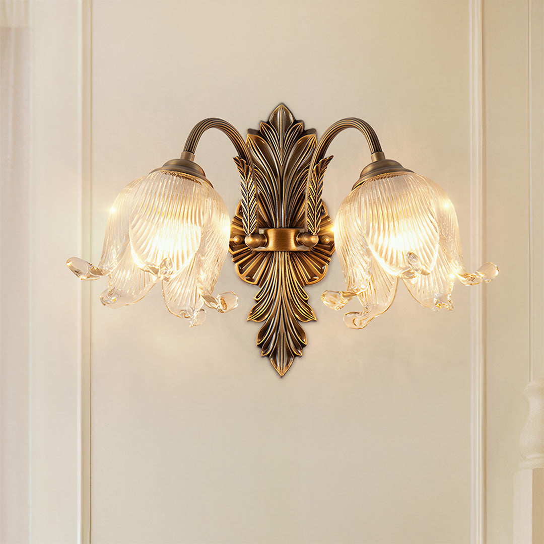 Petal Glass Shade Brass Wall Sconce — Solid Copper, Hand-Blown Glass, E14 Full-Spectrum, CRI≥97, Single or Double Head