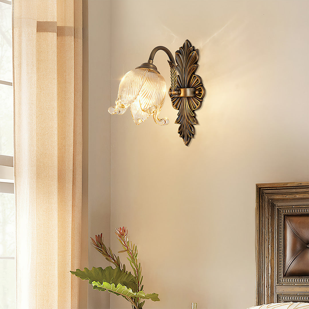 Petal Glass Shade Brass Wall Sconce — Solid Copper, Hand-Blown Glass, E14 Full-Spectrum, CRI≥97, Single or Double Head