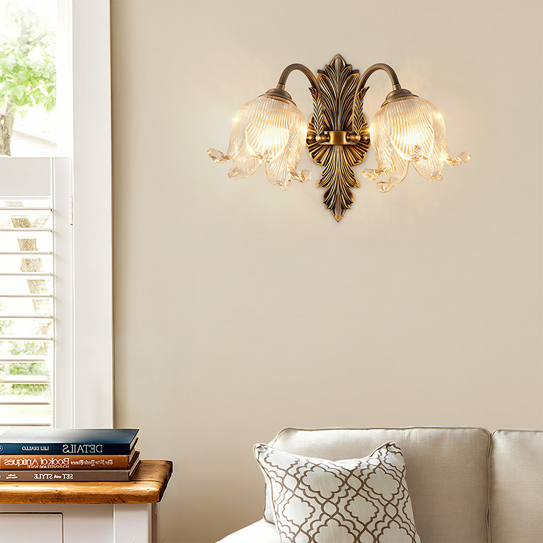 Petal Glass Shade Brass Wall Sconce — Solid Copper, Hand-Blown Glass, E14 Full-Spectrum, CRI≥97, Single or Double Head