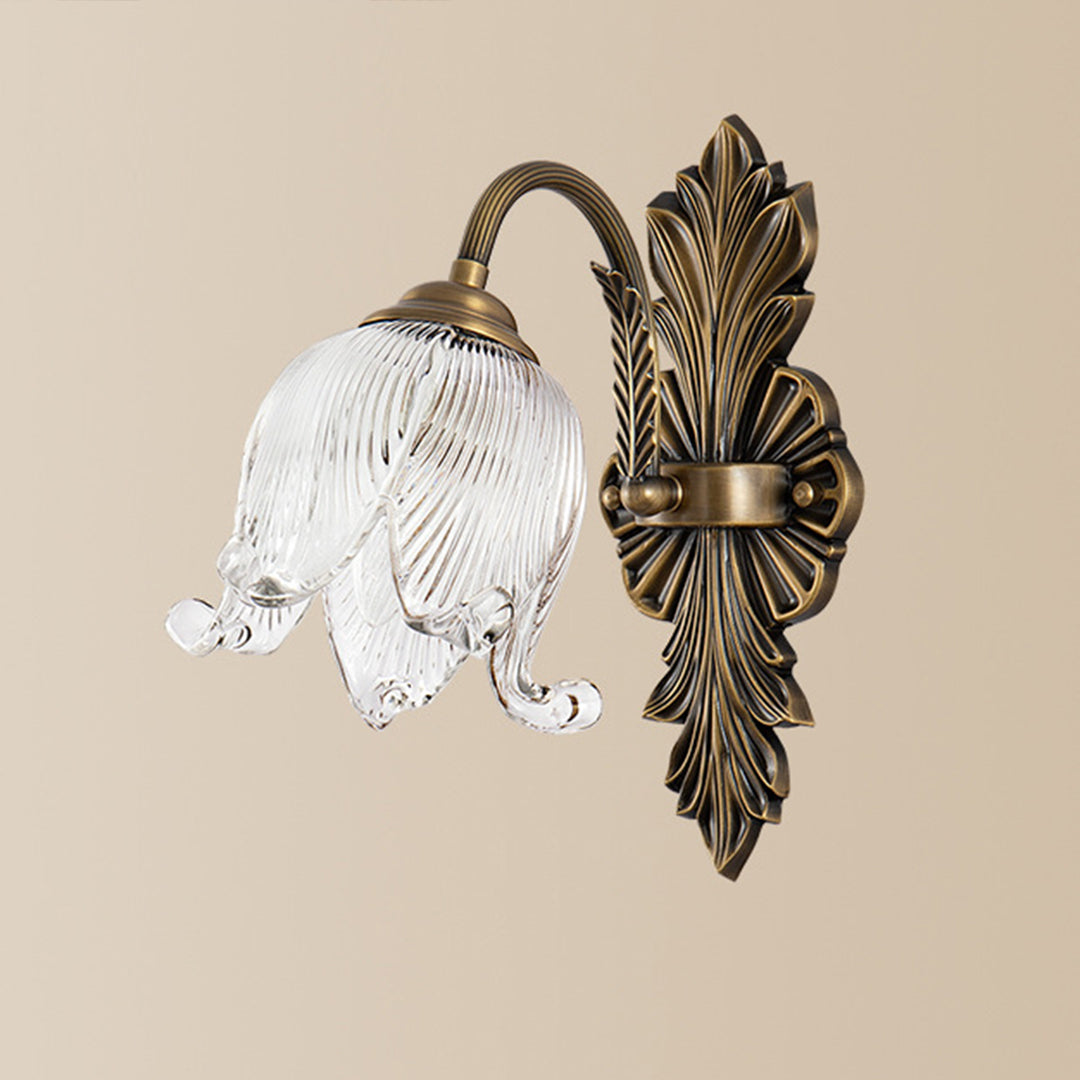 Petal Glass Shade Brass Wall Sconce — Solid Copper, Hand-Blown Glass, E14 Full-Spectrum, CRI≥97, Single or Double Head
