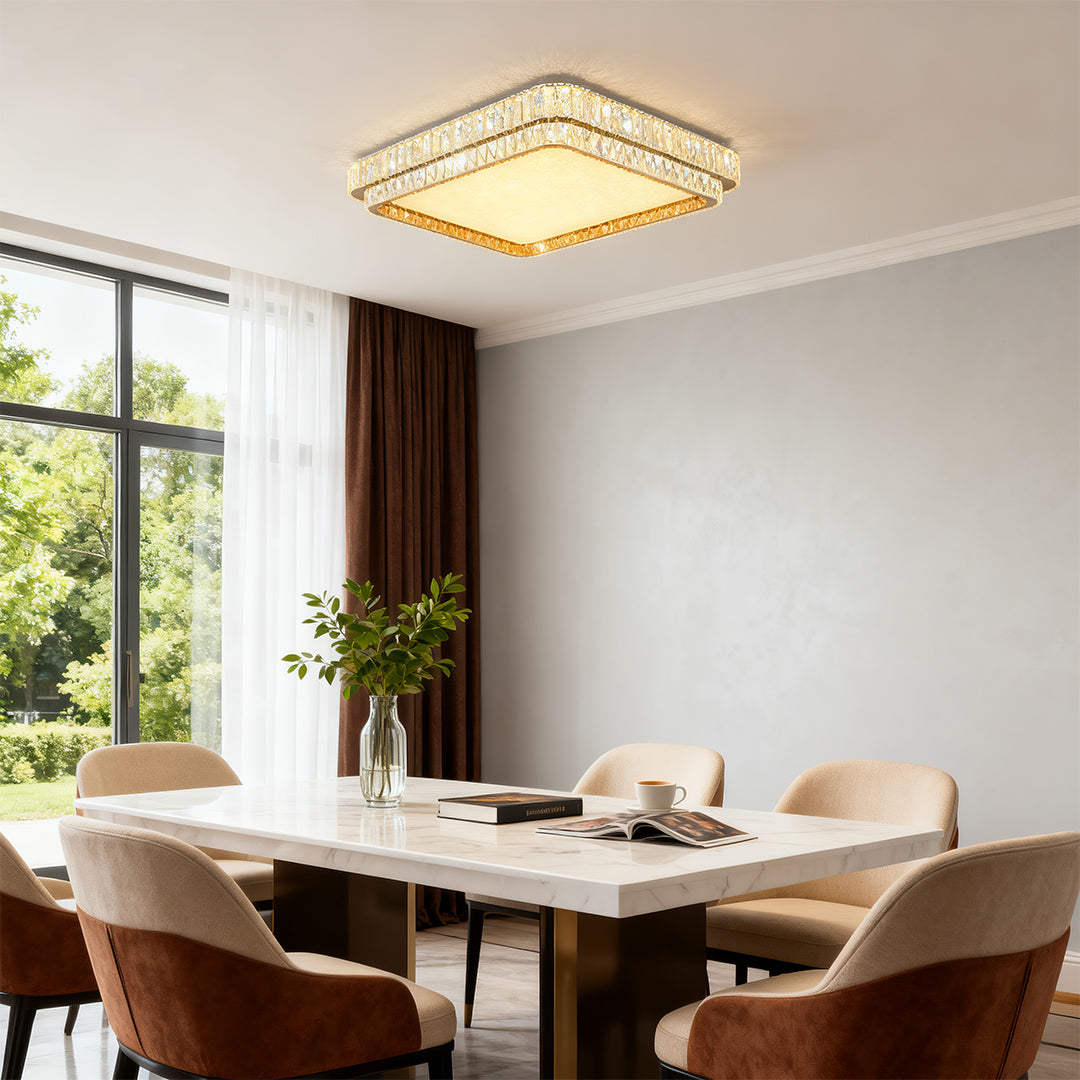 Modern Crystal Flush-Mount — Stainless Steel, Chrome, Full-Spectrum Eye-Care LED, Three-Color Dimming, Round / Square / Rectangle