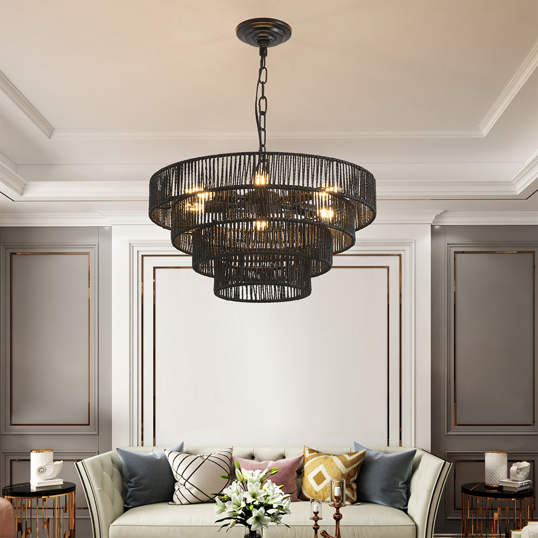 Zen Jute-Rope Chandelier — Iron Frame, Hand-Woven Natural Jute, 6-Light or 8-Light, E12, 59.1" Adjustable Chain