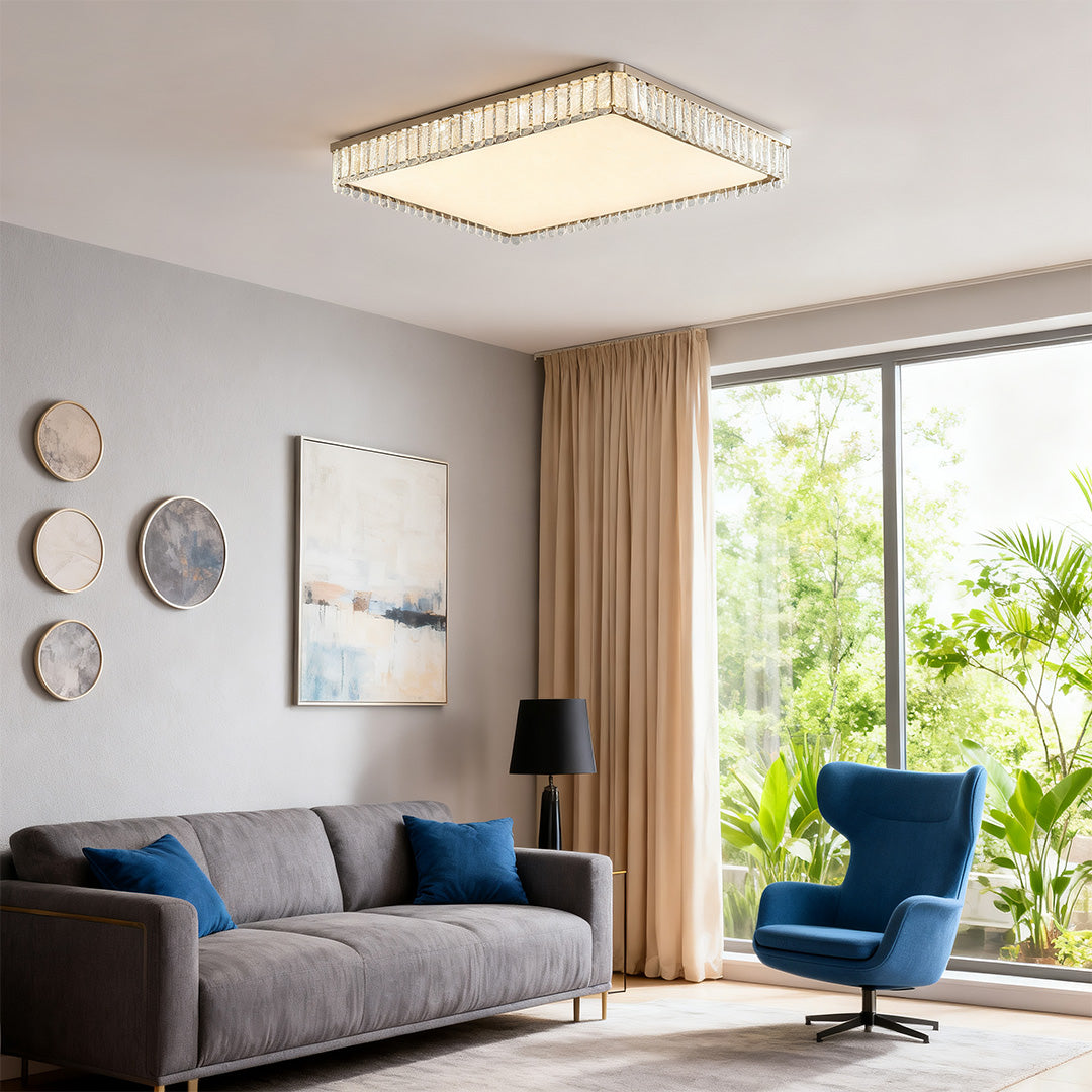 Crystal Flush-Mount Ceiling Light — Chrome Stainless Steel, LED, Three-Color Dimming, Round & Rectangular Sizes