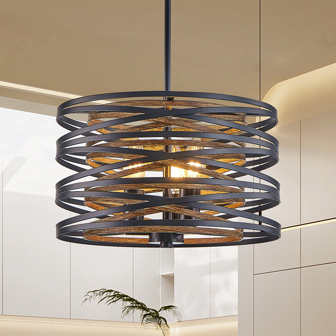 Round Drum Pendant Light — Black Iron, Walnut Wood Texture, Iron Cage, E12, 12.6" / 19.7" / 23.6"