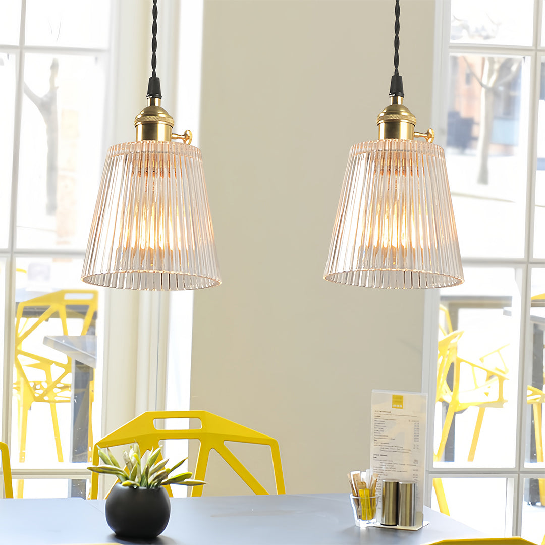 Minimalist Brass Mini Pendant — Clear Striped Glass, E26, 1-Light, Adjustable 1.4m Cord