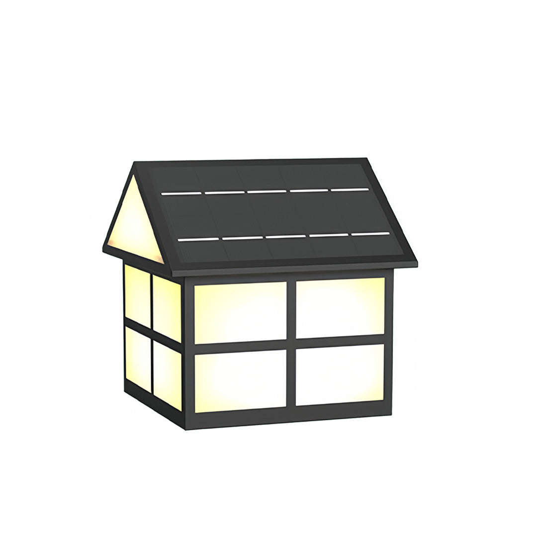 House-Shaped Gate Pillar Top Light — Black Stainless Steel, 5W LED, Solar or Hardwired, IP65, 3 Sizes