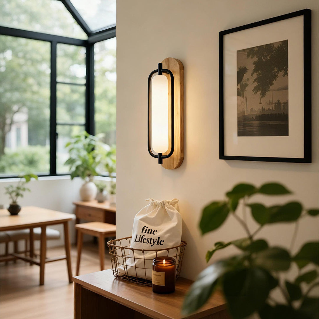 Minimalist Iron Wall Sconce — Acrylic Shade, 18W LED, 3-Step Dimming, Walnut / Wood Finish