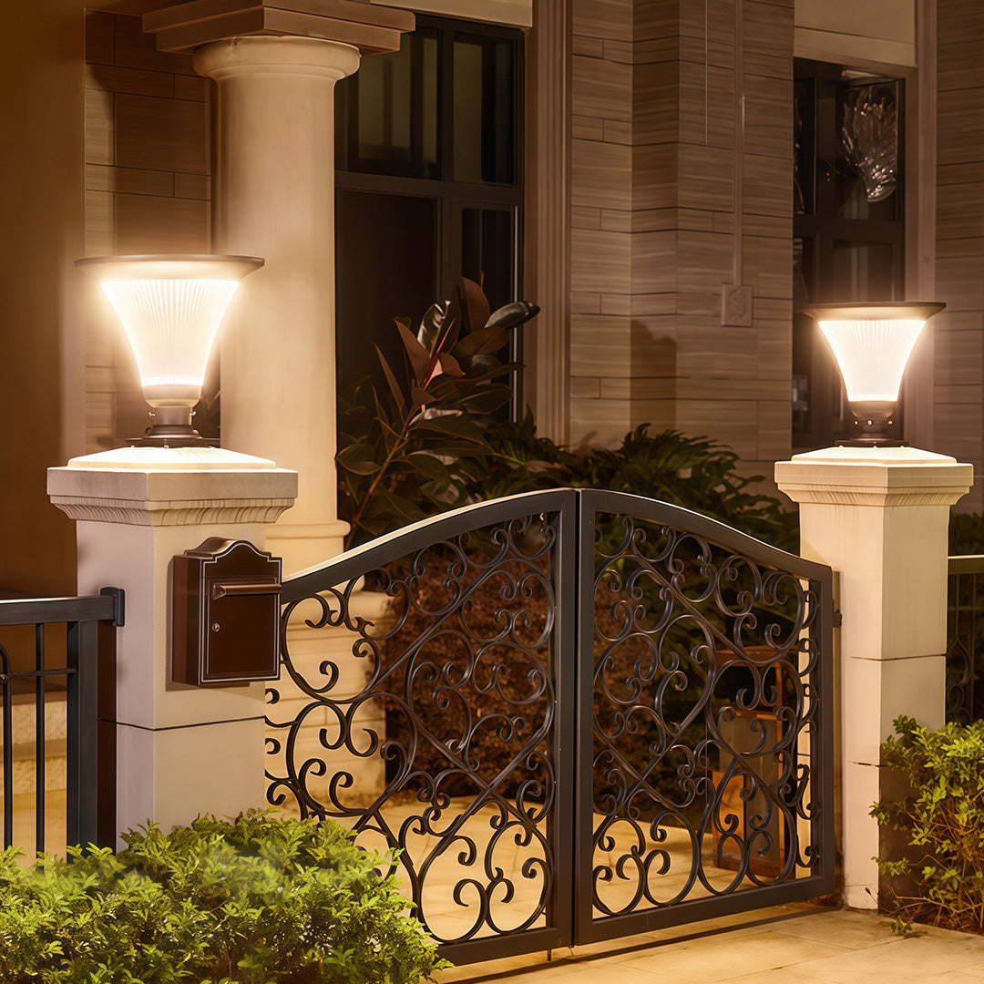 Outdoor Garden Pillar Light — Black Aluminum, LED, Solar 20W / Hardwired 50W, Dual CCT, IP65
