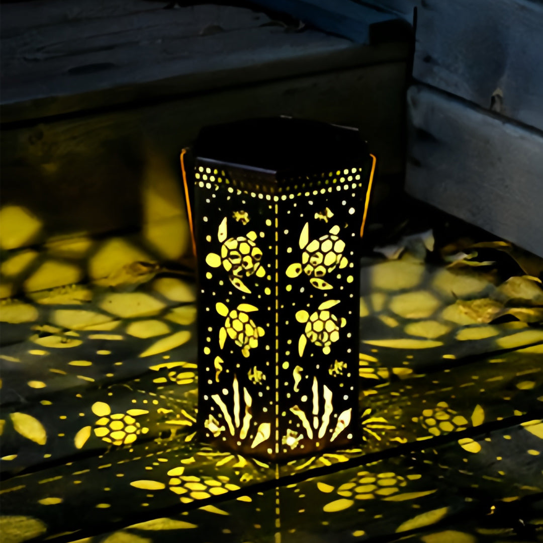 Hollow-Out Hexagonal Solar Outdoor Lantern — Copper-Red Wrought Iron, 0.5W Warm LED, IP44, 600mAh, Nature Motifs
