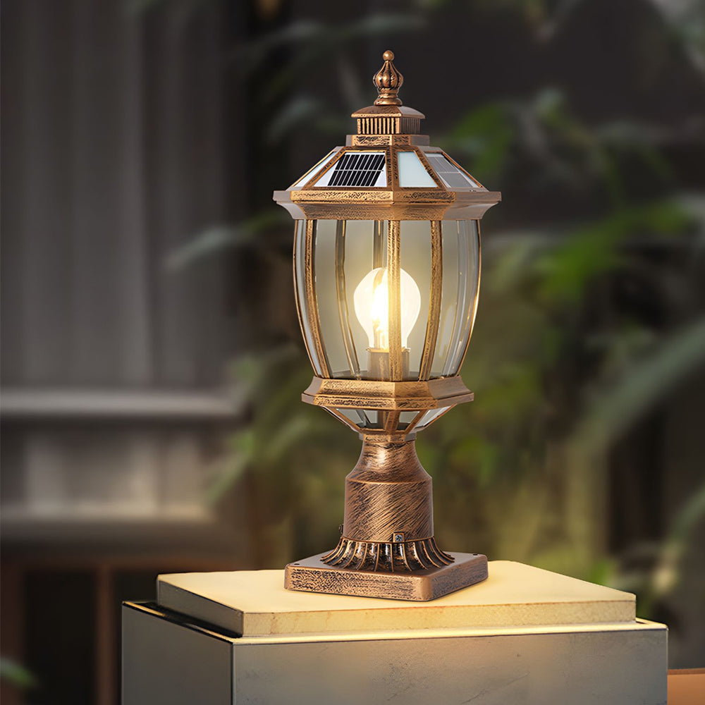 Octagonal Pagoda Pillar Light — Aluminum & Glass, Solar / Hardwired, 3-Step Dimming, Black or Bronze
