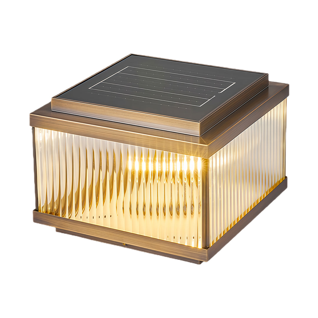 Square Copper Outdoor Pillar Light — Ribbed Glass, Dual Solar/Electric, 3-Step Dimming, 4 Sizes