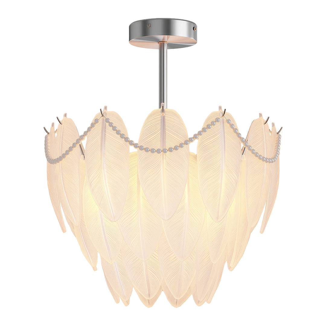 Feather & Pearl Chandelier — Full-Copper Frame, Feather-Textured Glass, E14, 47.2" Adjustable Chain