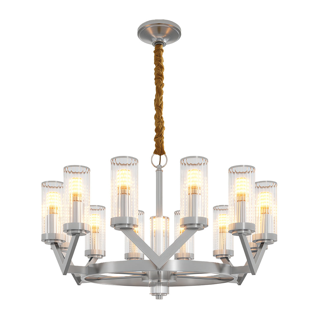 Glass Drop Chandelier — Full-Brass Frame, Transparent Glass, E14, Available in Copper, Nickel, or Black