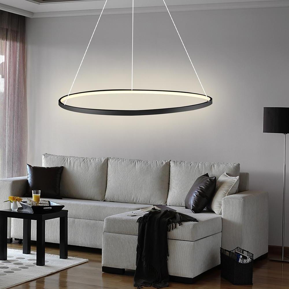 Round Geometric Single-Ring Pendant Chandelier — Black Metal & Acrylic, 30W LED, Dimmable 3000K–6000K, Remote, 31"