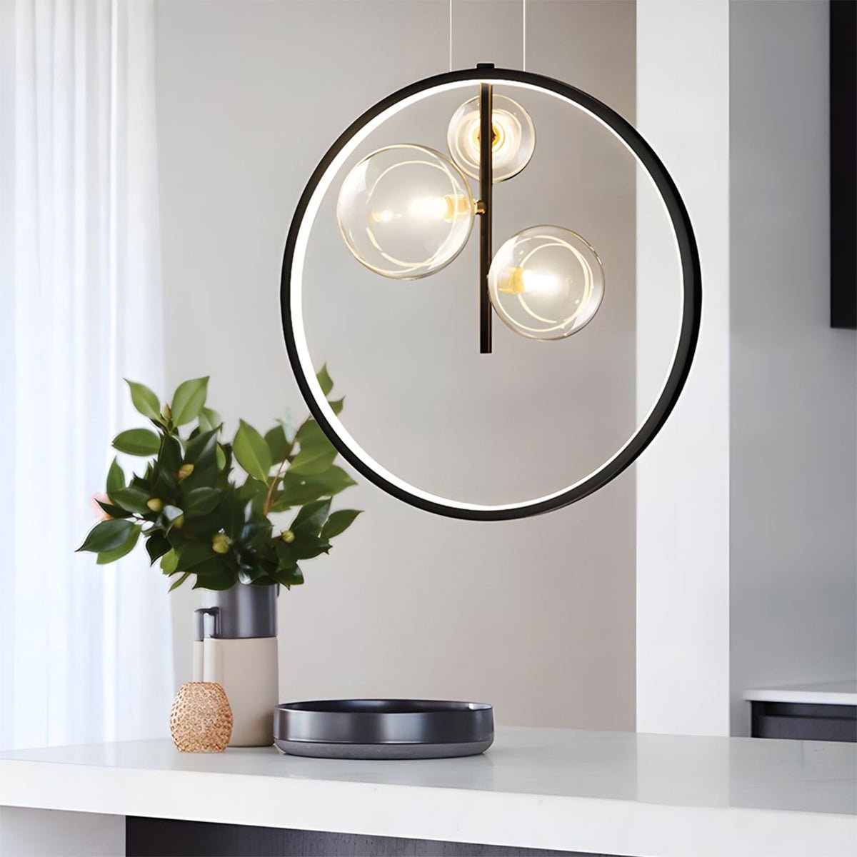 Sputnik Ring Pendant Light — Black Metal, Clear Glass Globes, 1/3/5-Light
