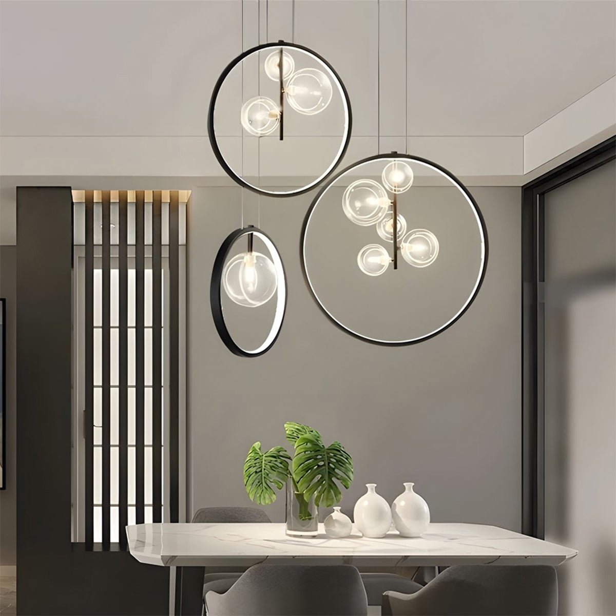 Sputnik Ring Pendant Light — Black Metal, Clear Glass Globes, 1/3/5-Light