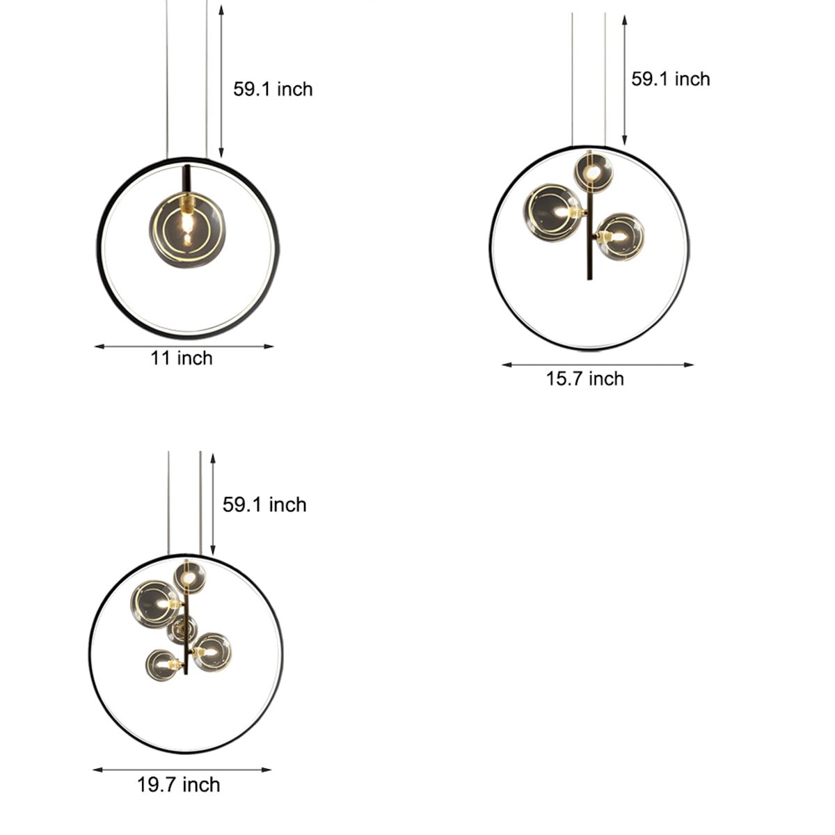 Sputnik Ring Pendant Light — Black Metal, Clear Glass Globes, 1/3/5-Light