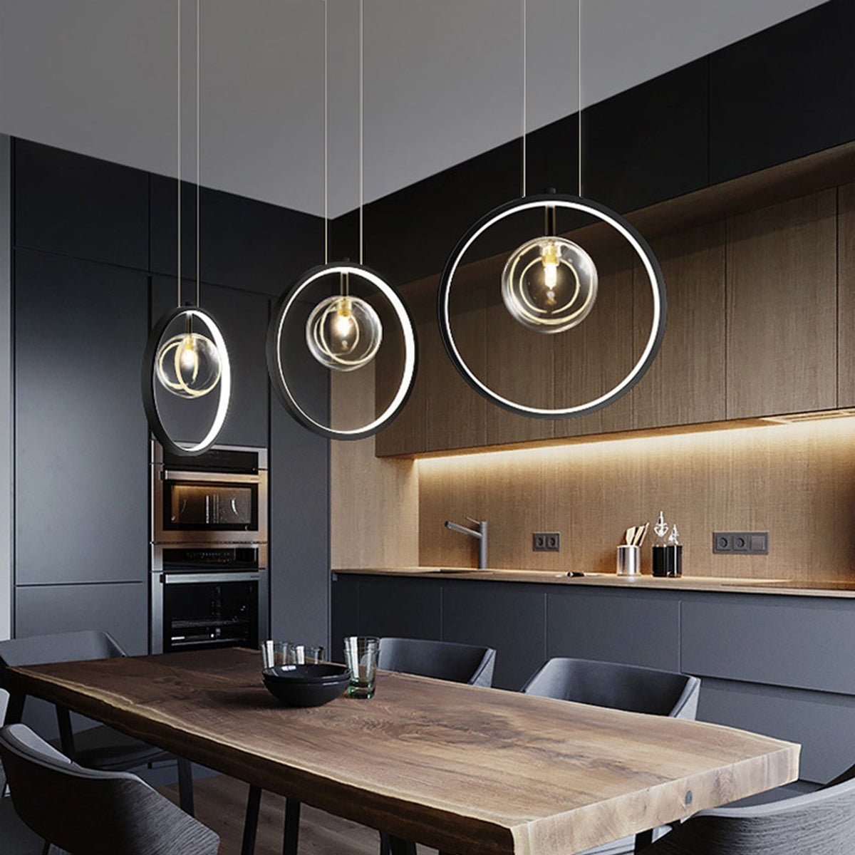 Sputnik Ring Pendant Light — Black Metal, Clear Glass Globes, 1/3/5-Light