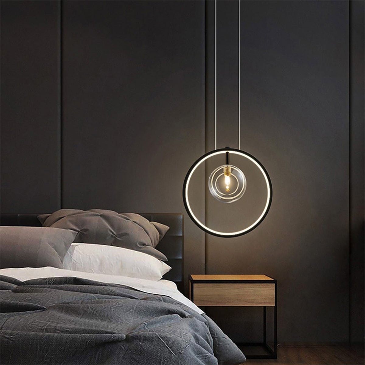 Sputnik Ring Pendant Light — Black Metal, Clear Glass Globes, 1/3/5-Light