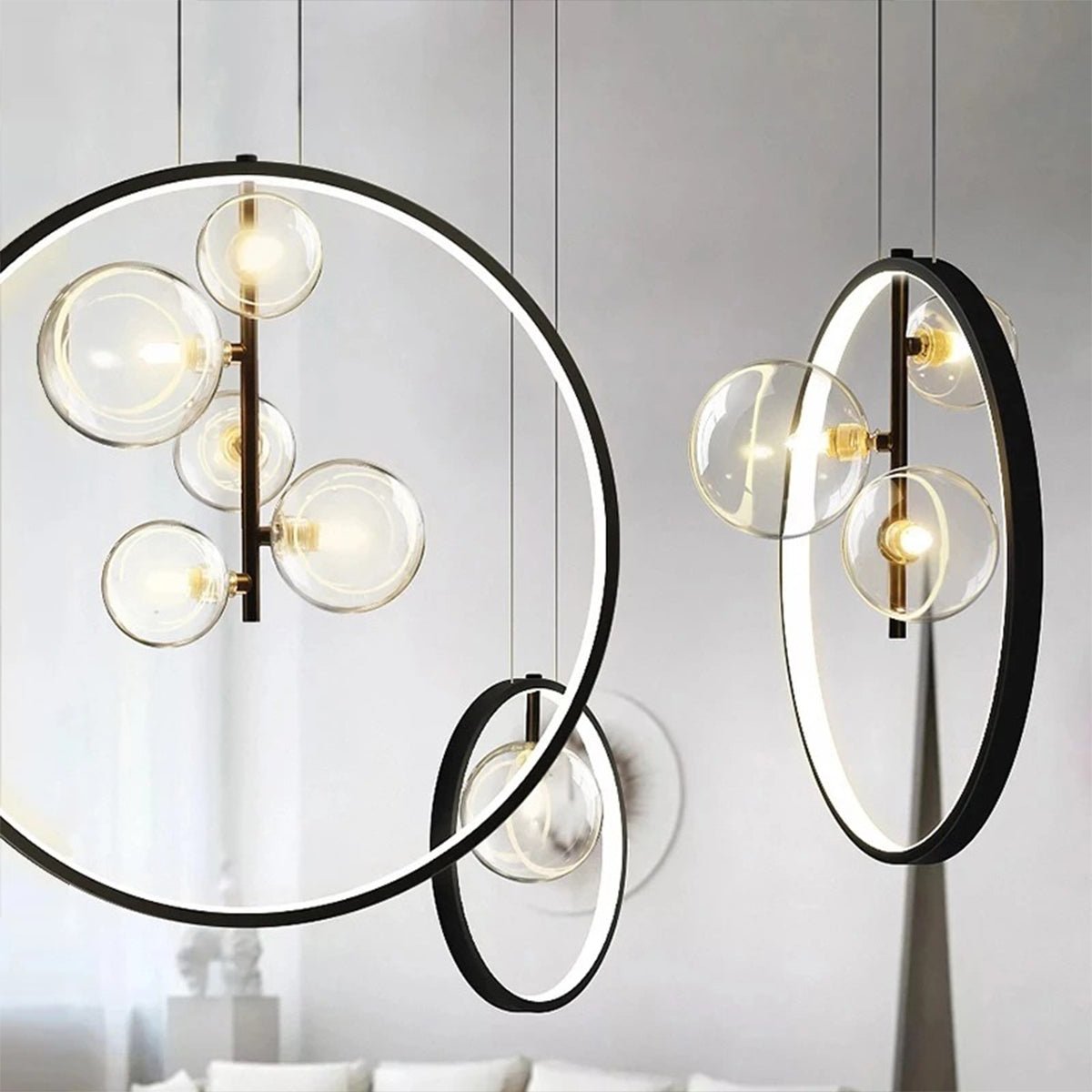 Sputnik Ring Pendant Light — Black Metal, Clear Glass Globes, 1/3/5-Light