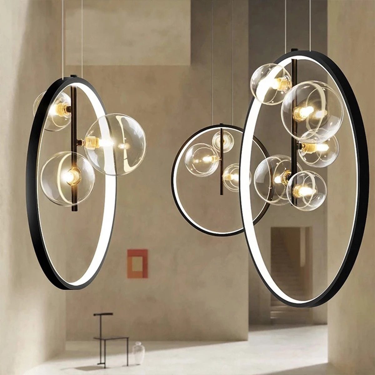 Sputnik Ring Pendant Light — Black Metal, Clear Glass Globes, 1/3/5-Light
