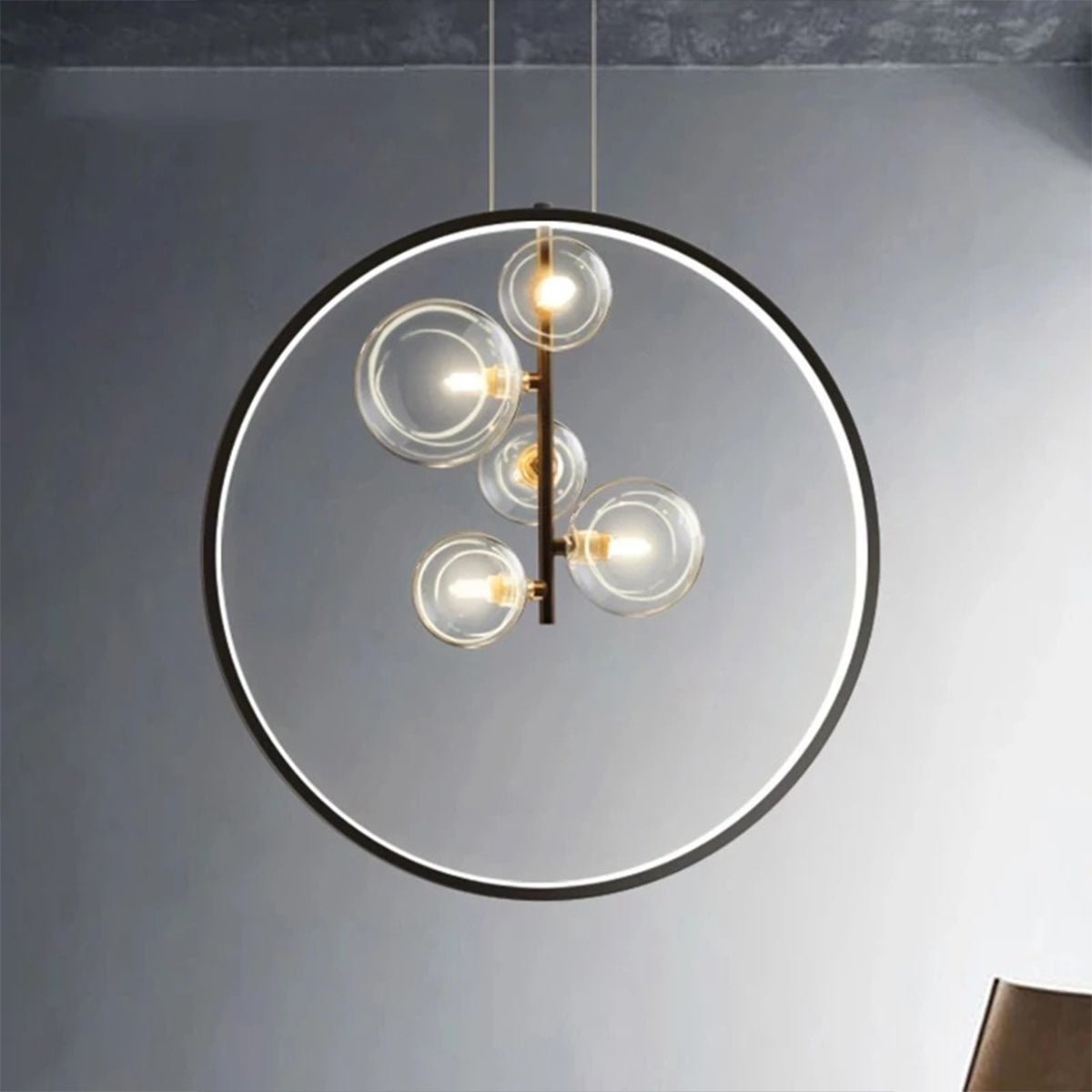 Sputnik Ring Pendant Light — Black Metal, Clear Glass Globes, 1/3/5-Light