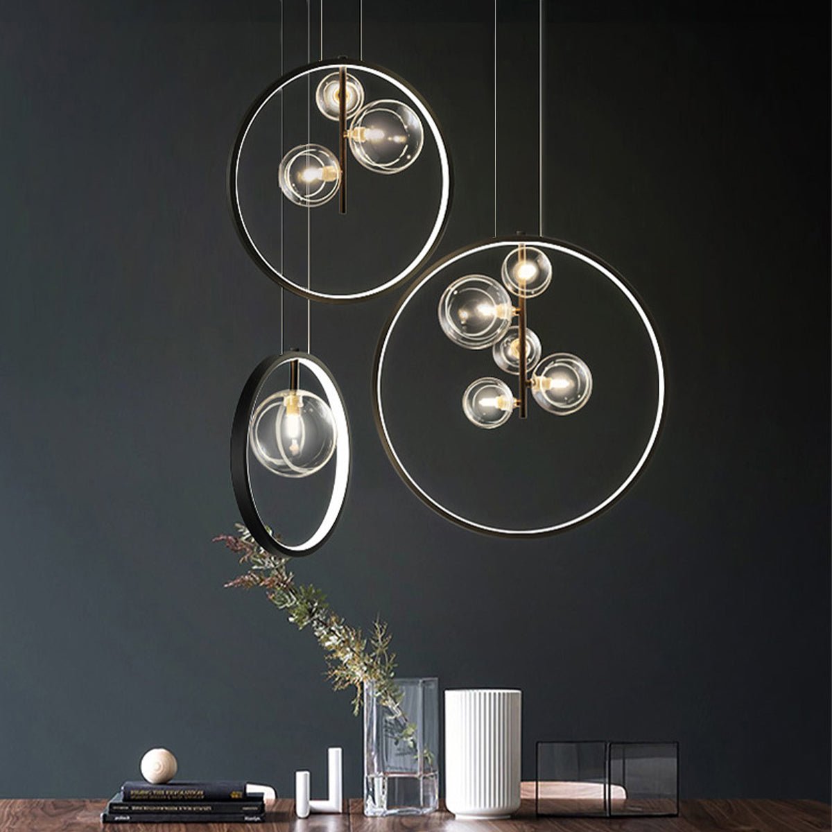 Sputnik Ring Pendant Light — Black Metal, Clear Glass Globes, 1/3/5-Light