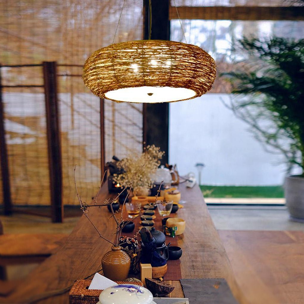burlywood ceiling light flat peach shaped wicker pendant for farmhouse style