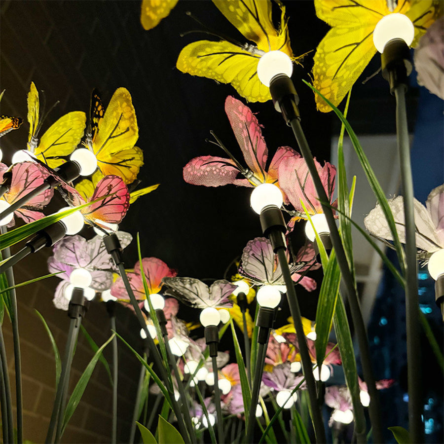 Six-Head Butterfly Solar Garden Stake Light — Fabric Butterflies, LED Warm White, Dusk-to-Dawn, IP65 Weatherproof