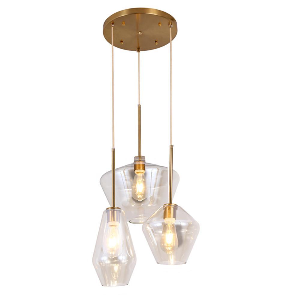 3-Light Retro Glass Pendant — Metal Base, LED Warm White 3200K, 12" Diameter, Kitchen Island