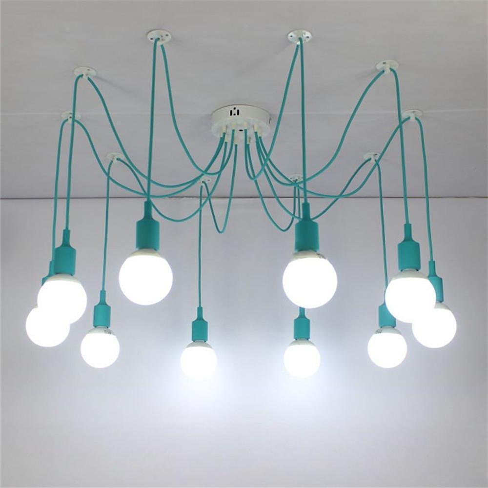 10-Head Cluster Spider Multi-Light Pendant — Aluminum, Fabric Cable, Acrylic Shades, 40W LED, DIY Adjustable, Industrial or Modern