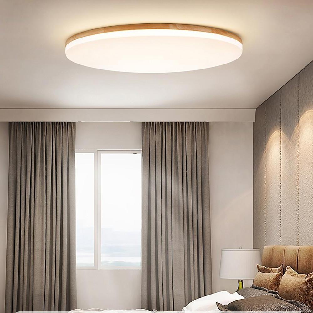 Circular Minimalist Flush-Mount Ceiling Light — Wood and Acrylic, LED, 3000K/6000K, Dimmable with Remote, 10"–19"