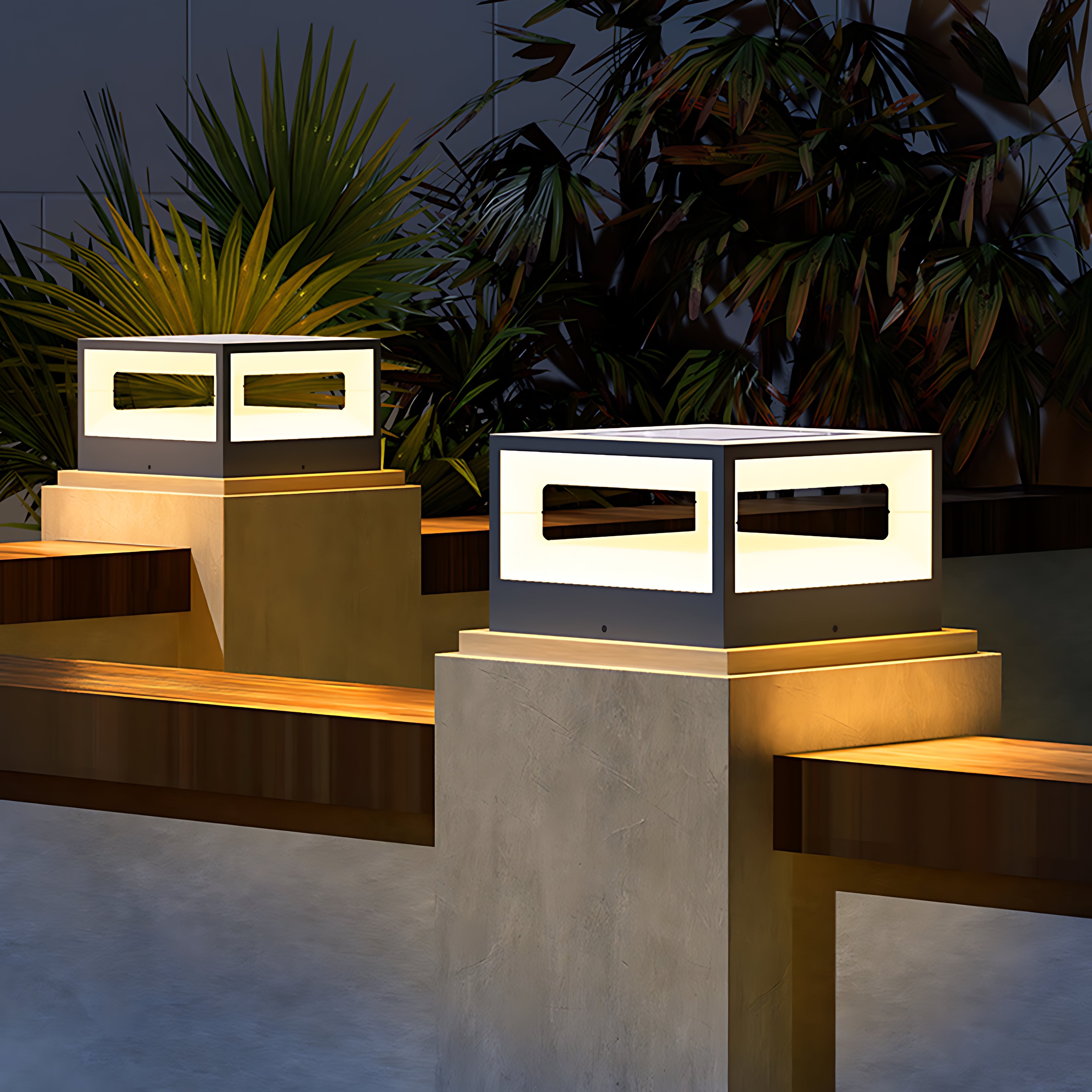 Hollow Square Outdoor Pillar Light — Stainless Steel, LED 3000K, Solar / Hardwired, IP65 Weatherproof