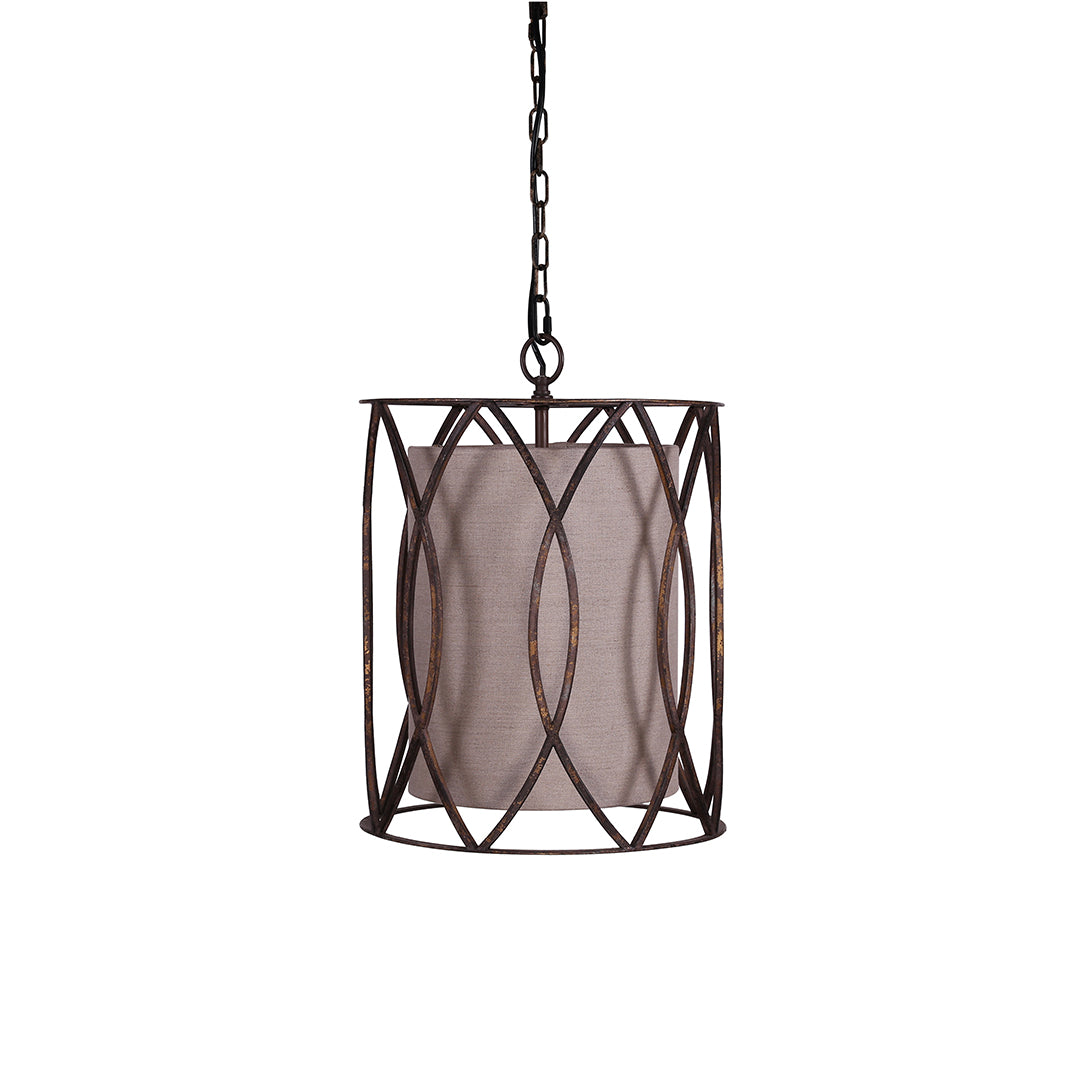 Vintage Industrial Pendant Light — Black Iron, Hand-Woven Linen Shade, 1-Light, E12, 13.8" Diameter