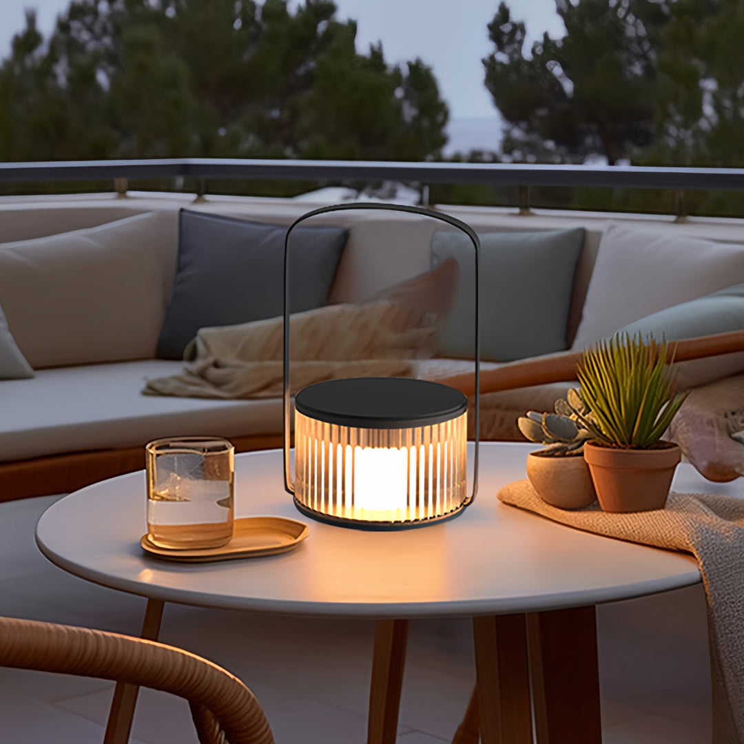 Portable LED Camping Lantern — Black Stainless Steel & Glass, 12W Warm White, USB Rechargeable, 2400mAh, IP65 Weatherproof