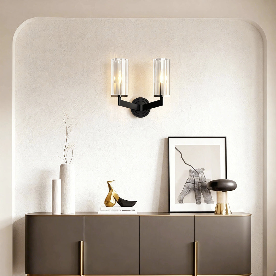 Minimalist Candle Wall Sconce — Solid Brass, Transparent Glass, E14, 1- or 2-Light