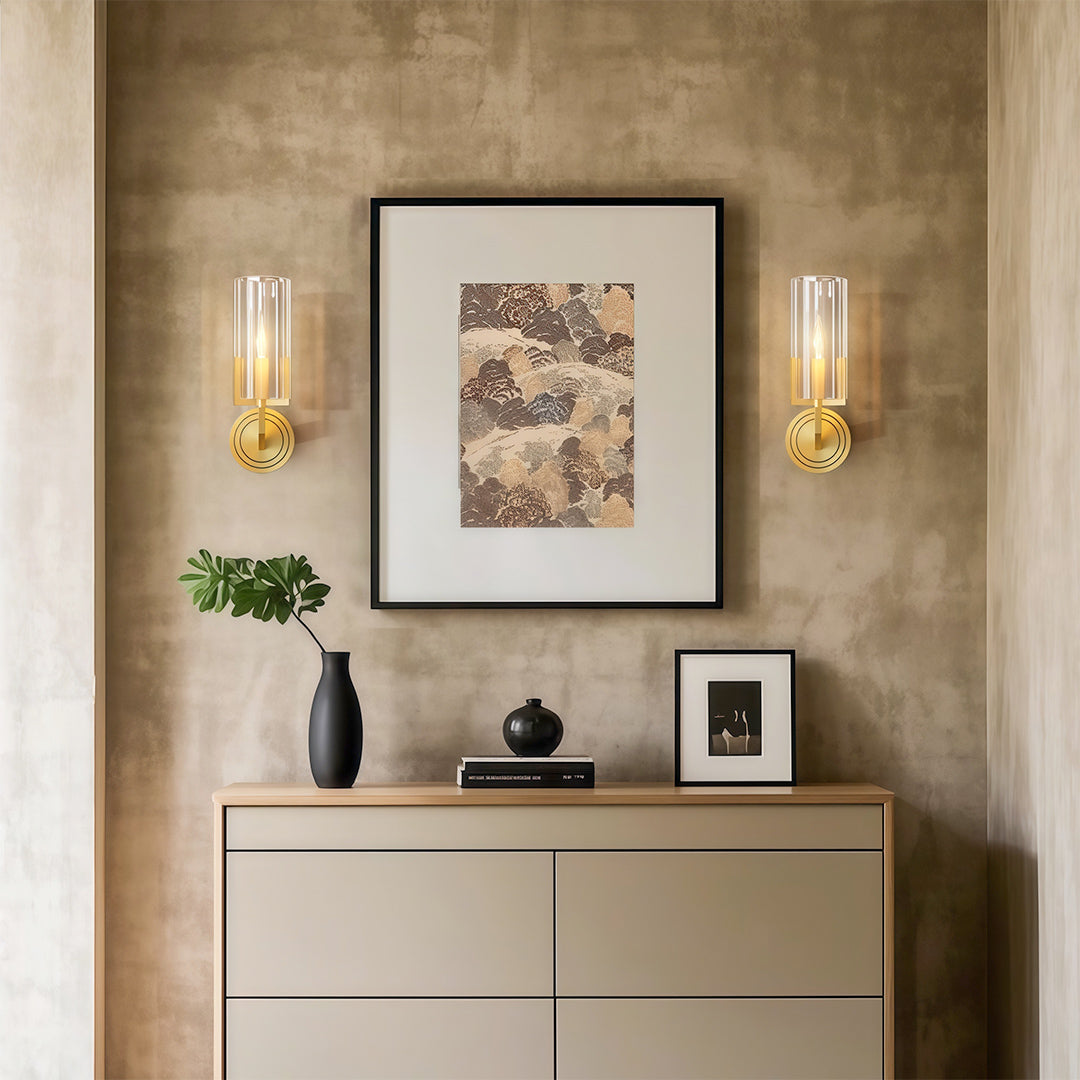 Minimalist Candle Wall Sconce — Solid Brass, Transparent Glass, E14, 1- or 2-Light
