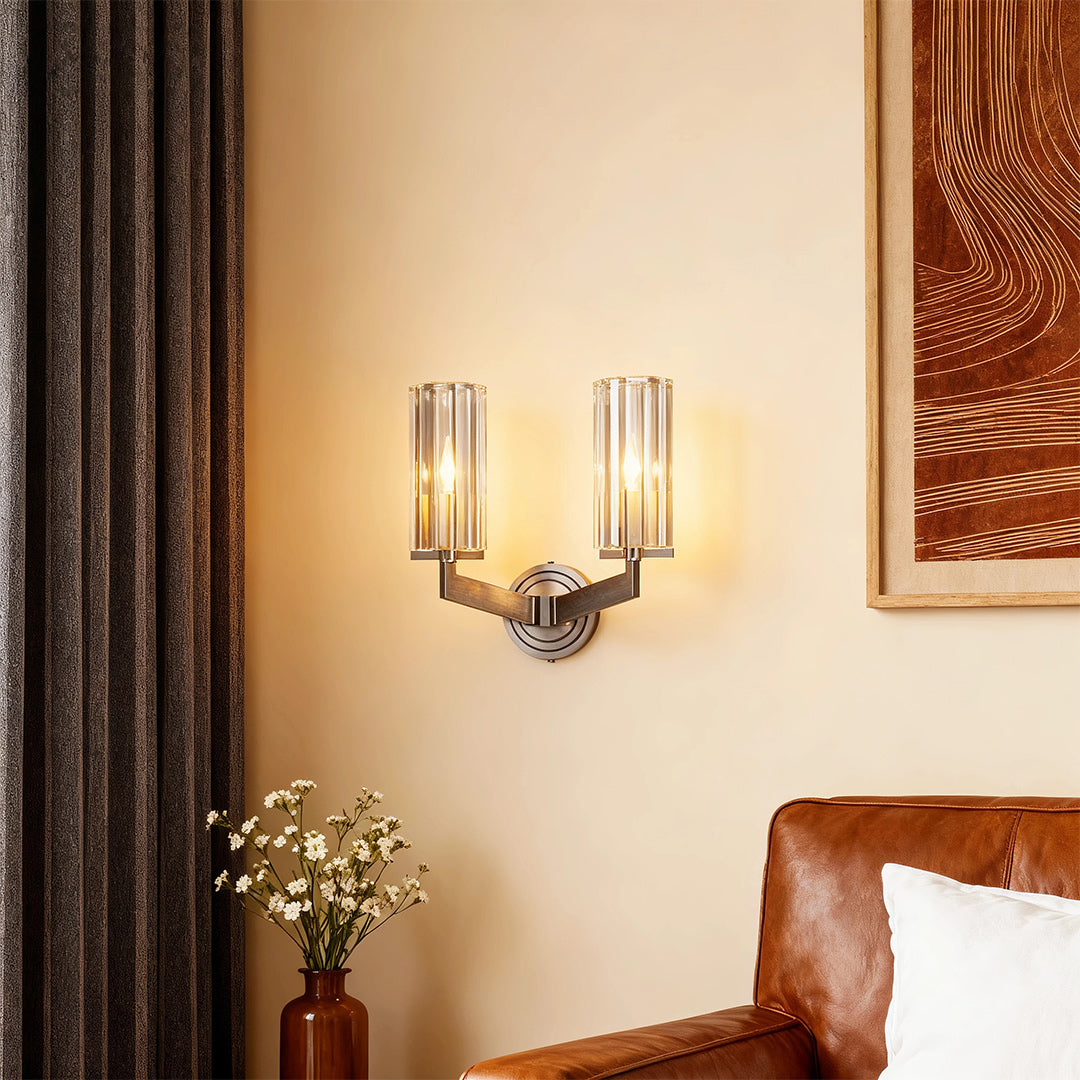 Minimalist Candle Wall Sconce — Solid Brass, Transparent Glass, E14, 1- or 2-Light