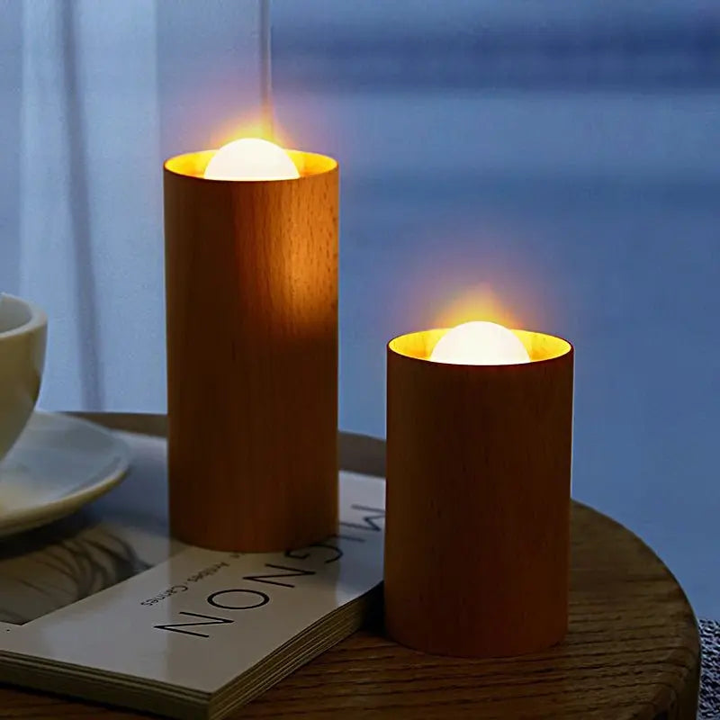 LED Table Lamp with Candlelight Ambiance and Wood Cylinder Accent Luxe