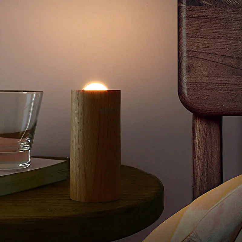 LED Table Lamp with Candlelight Ambiance and Wood Cylinder Accent Luxe
